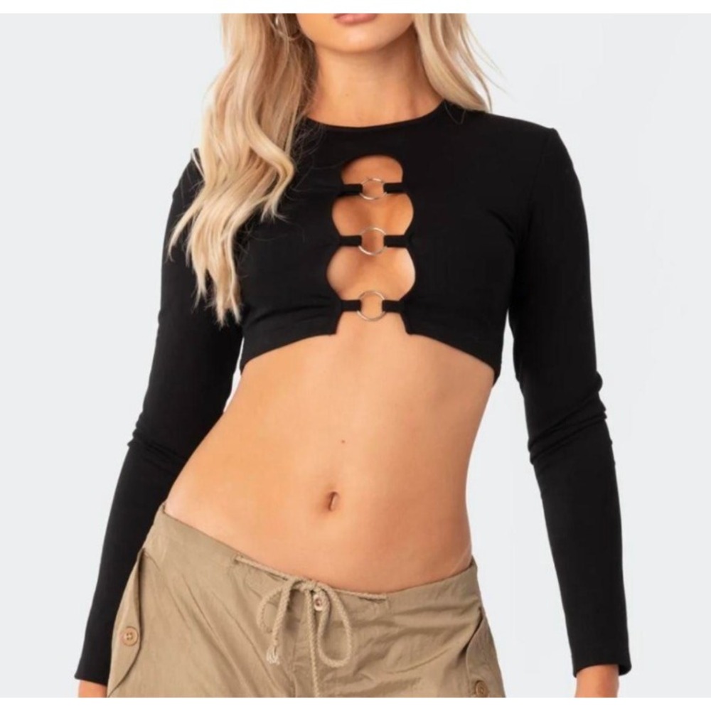 Edikted Womens Black O-Ring Cutout Long Sleeve Crop Top XS Streetwear Edgy